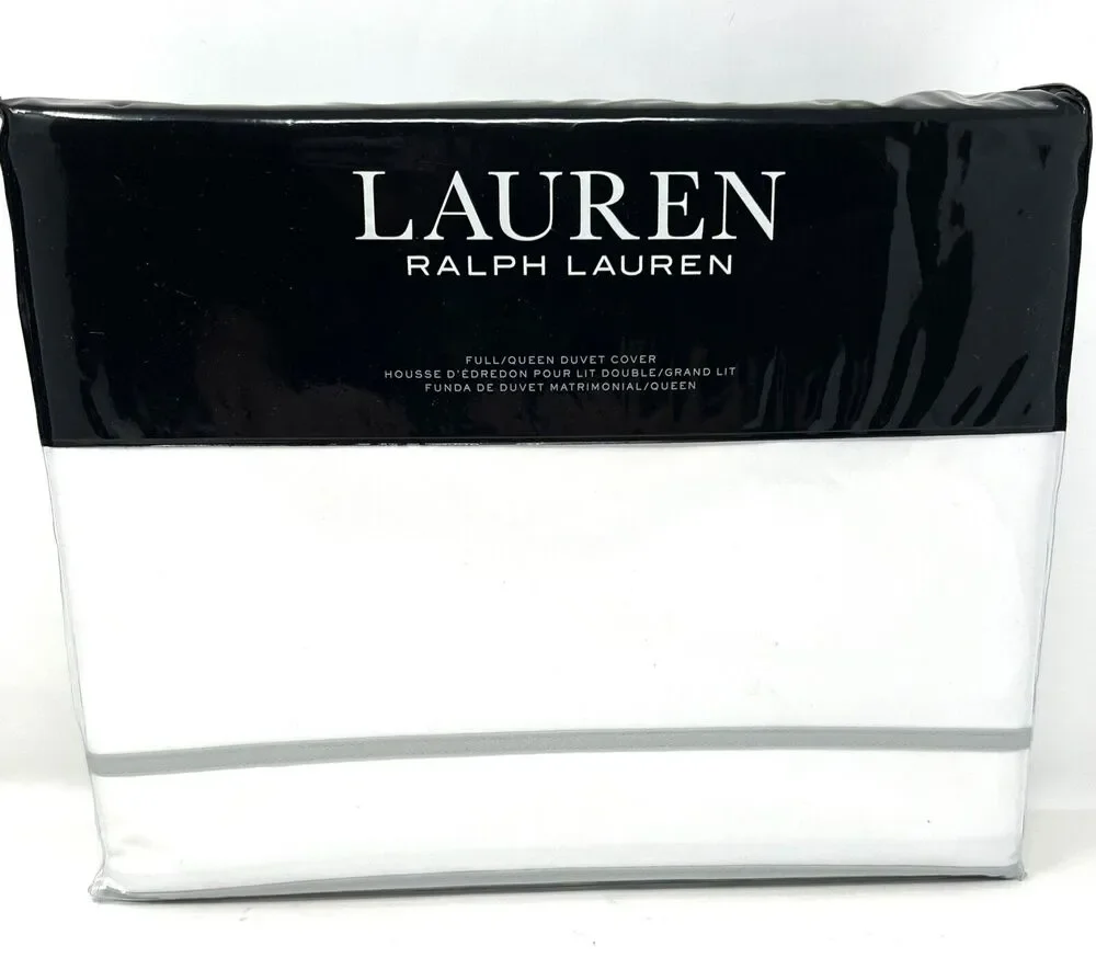 Ralph Lauren Full Queen Duvet Cover White Sage Green Spencer Border Sateen NIP